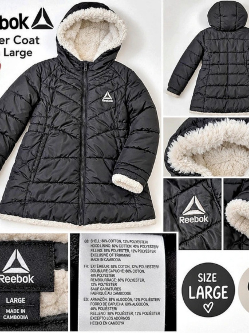 Reebok Girls Winter Jacket Sherpa Lined Reversible Quilted Puffer Coat